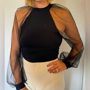 Womens Black Bodysuit with Sheer Sleeves & High Neck Button in Back, Size M